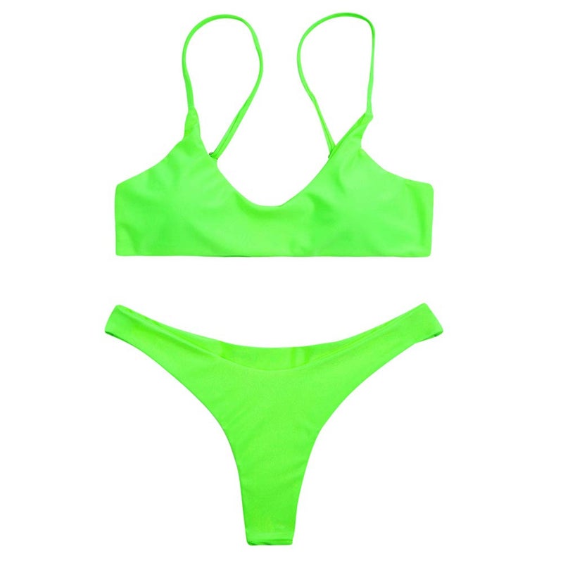 SherryDC Women's Solid Scoop Neck Push up Padded Brazilian Thong Bikini Swimsuit,Green,(US 2-4) S - Image 2